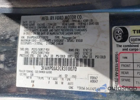 2012 Ford Fusion Sel z USA, uszkodzony, nr VIN 3FAHP0JA2CR310070